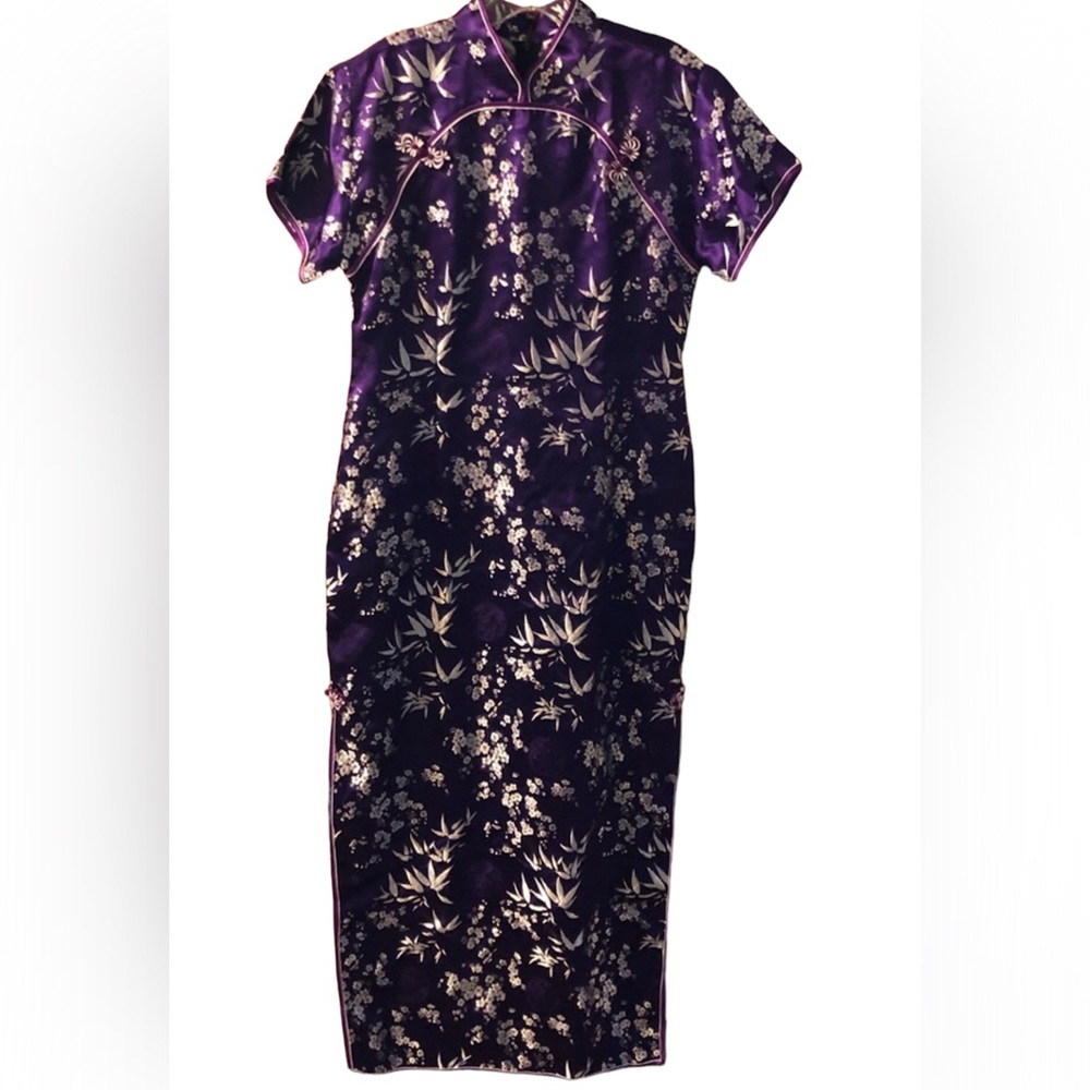 NWOT Asian Purple Brocade Long Slim Dress by Style Collection XXL 100% P…